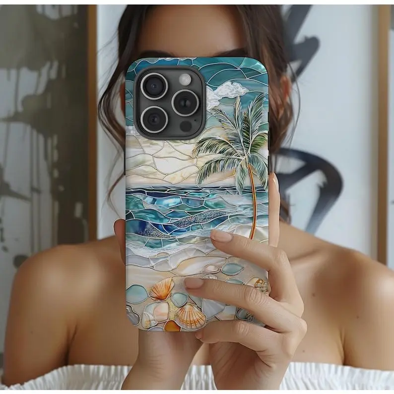 Ocean Waves MagSafe Smartphone Case - Beach Palm Tree 2-in-1 Premium Film Protective Shockproof Cover, Durable Phone Aesthetic, Compatible with iPhone 11,12,13,14,15,16, Plus, Pro, Pro Max, Ideal Birthday Gift, Iphone 15, Screen Protector