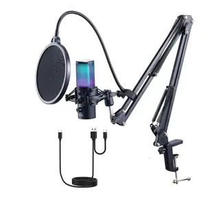 【Father's Day】VEVOR USB Microphone, 192 kHz/24-bit, Professional Condenser Microphone Kit with Boom Arm Stand Pop Filter Shock Mount, 11 RGB Lighting Effects Mute Button Headphones Jack for Recording Gaming Singing  VEVOR Super Brand Day