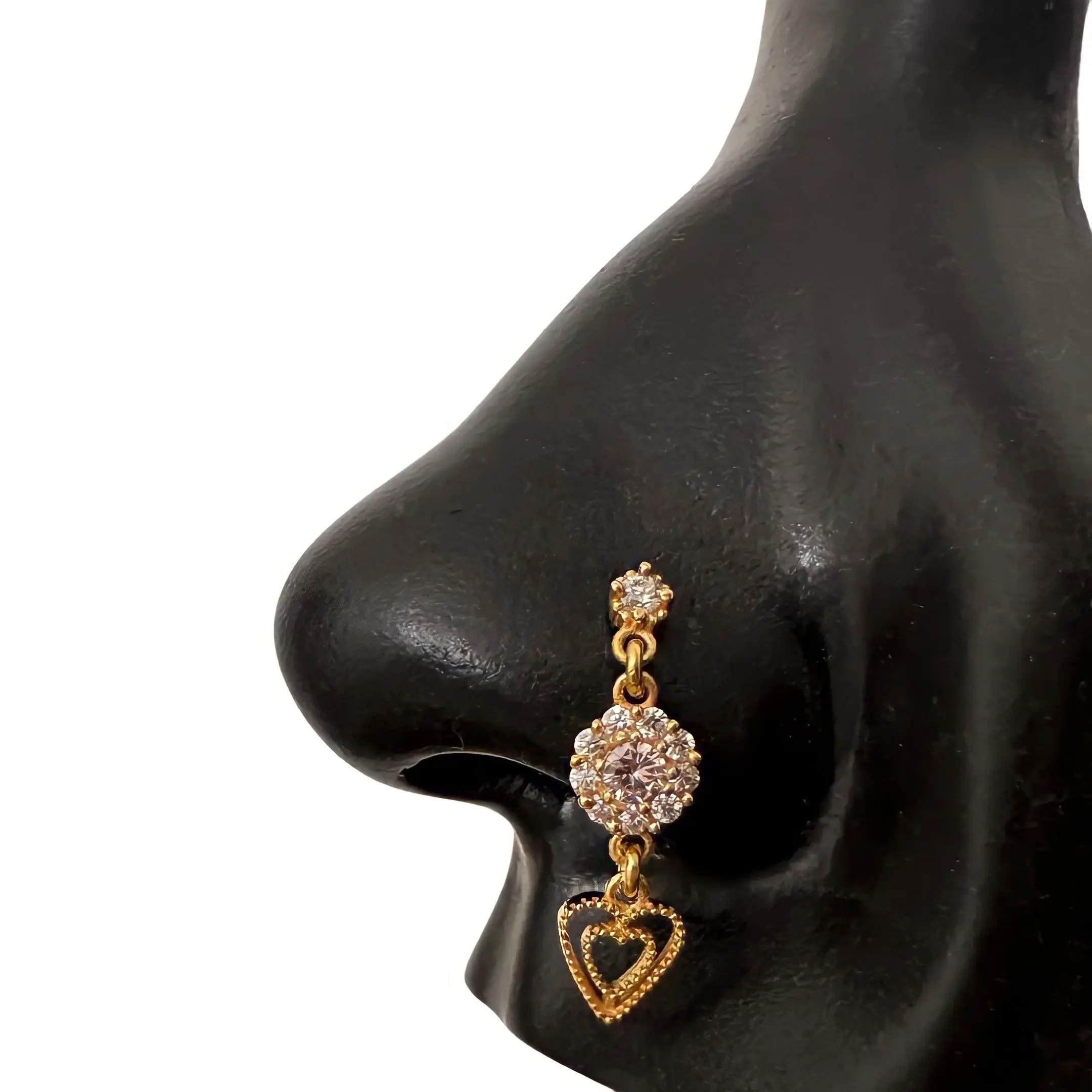 STATEMENT GOLD | Dangling Multi-Diamond Heart Nose Stud