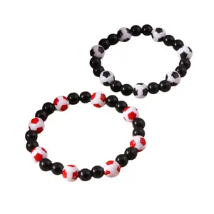 2pcs Soccer Ball Beaded Bracelet Elastic Stretch Game Day Jewelry, Unisex Adjustable Team Spirit Bracelet for Soccer Fans, Sports Party Team Gifts