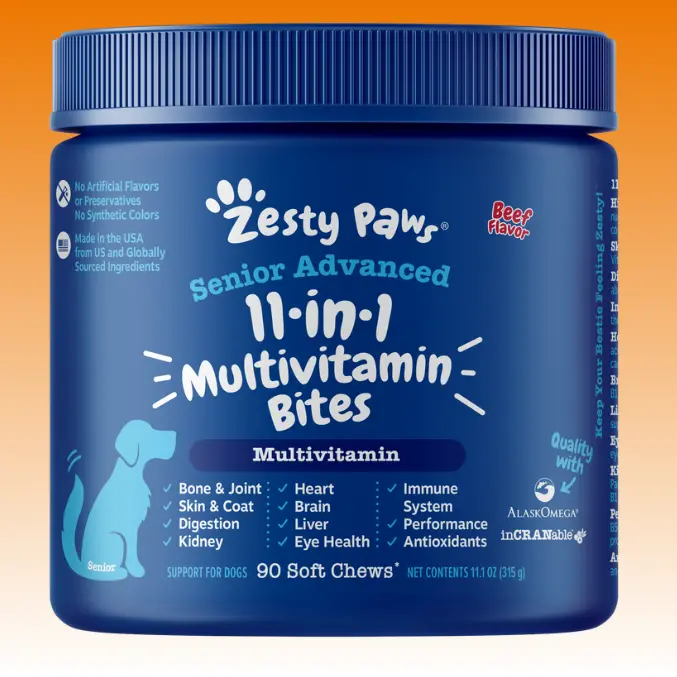 Zesty Paws Senior Advanced 11-in-1 Multivitamin Bites for Senior Dogs 90 Soft Chews per Jar Natural Chicken Flavor Nutritional Supplement