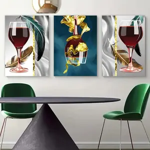 3-Piece Framed Red Wine Glasses Canvas Wall Art Nordic Luxury Goblet Poster Modern Abstract Ribbon Feather Wall Painting for Restaurant Kitchen Decor Gift Hanging Print Ornaments Room Artistic Photo Easy to Hang UV-Resistant Inks Premium Canvas