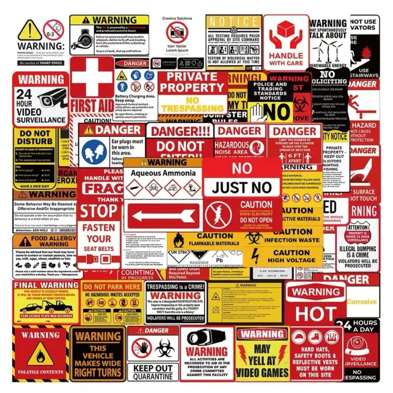 75 Pack of Warning Signs Stickers. Great For Hard Hats and Tool Boxes. No Duplicates. Waterproof