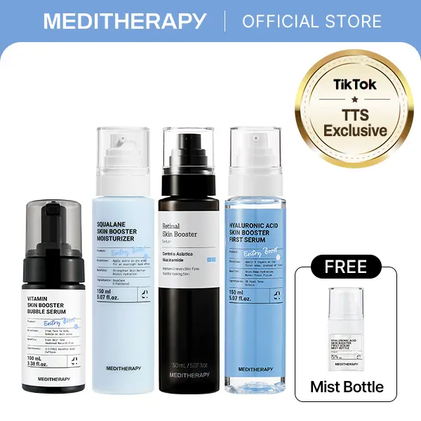 [5.9M K-Makeup Artist Pick] Glass Skin Routine Set | Vitamin C Bubble Serum 100ml + Hyaluronic Acid Serum 150ml + Retinal Serum 150ml + Squalane Moisturizer 150ml + FREE Mist Bottle | Hydration, Skin Renewal, Anti-Aging, Glow | MEDITHERAPY Official