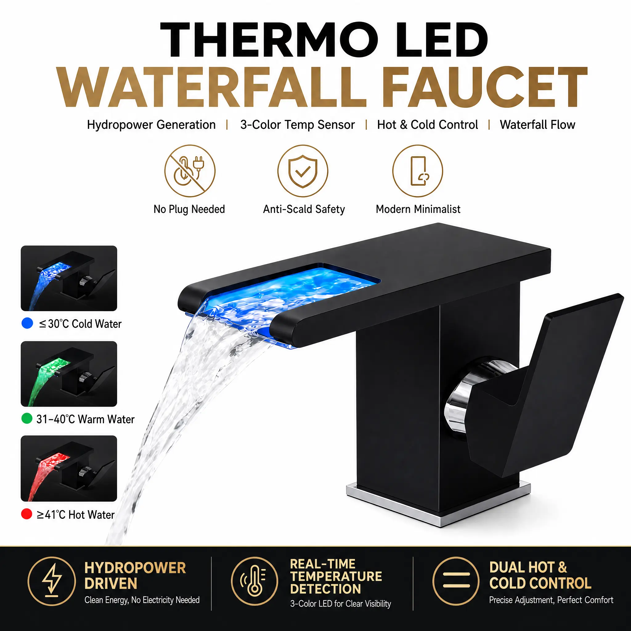 Stainless Steel Black Waterfall Flow Bathroom Faucet - Rust-Resistant LED, Single-Hole Single-Handle Vanity Faucet with 3-Color Temp Sensor Light, Durable Ceramic Cartridge, Supply Lines Included for RV Sinks