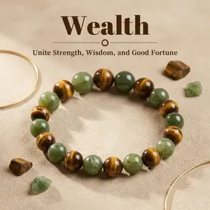 Money Manifestation & Wealth Bracelet Luck Prosperity Confidence Positive Energy Tiger Eye Chinese Jade Gemstone Beaded Jewelry Gift for Unisex