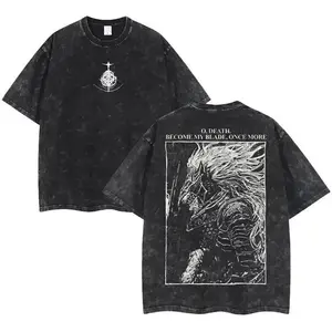 Men's Maliketh Elden Ring Double-Printed Oversized Round Neck Short-Sleeve T-Shirt - Distressed Washed Unisex Casual Top, Festive Game Artwork, Urban Streetwear Menswear Essential