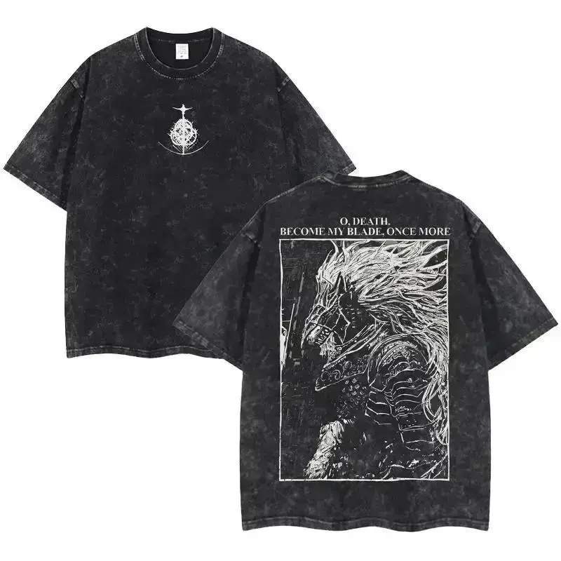 Men's Maliketh Elden Ring Double-Printed Comfy Loose Retro Pure Cotton Round Neck Short-Sleeve Oversized Casual Tee - Distressed Unisex Urban Streetwear, Festive Game Artwork, All-Season Multi-Size Menswear Top