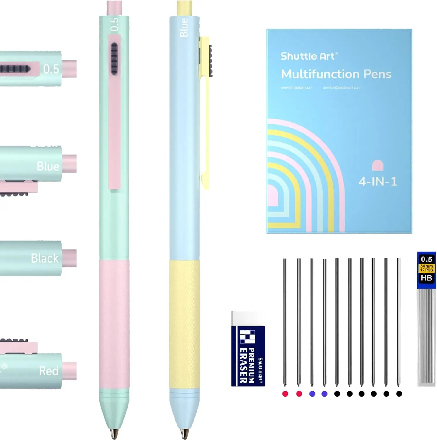 Shuttle Art-4 in 1 Gravity-Activated Multicolor Pen, 2 Pack Retractable Ballpoint Pens with 1.0mm Black Blue Red Ink and 0.5mm Mechanical Pencil, Multifunction Pens Fresh Style Gift Set for Writing School Office Home
