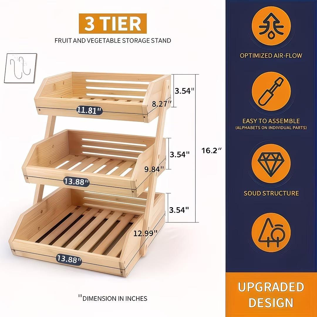 3/2 Tier Wooden Fruit Basket Stand – Large Capacity Countertop Organizer for Fruits, Vegetables & Bread