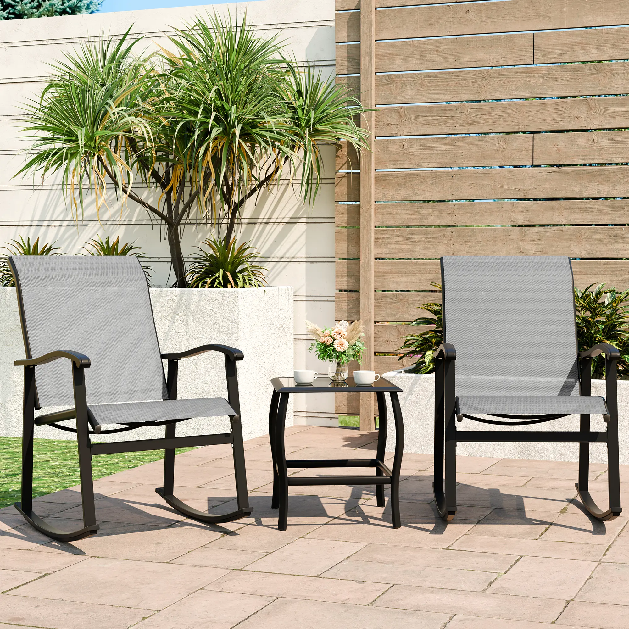 Walsunny 3 Pieces Big Bistro Rocking Chair Set, Outdoor Patio Furniture set with 2 Rocking Chairs and 1 Coffee Table for Balcony, Pool, Camp, Lawn, Deep Blue