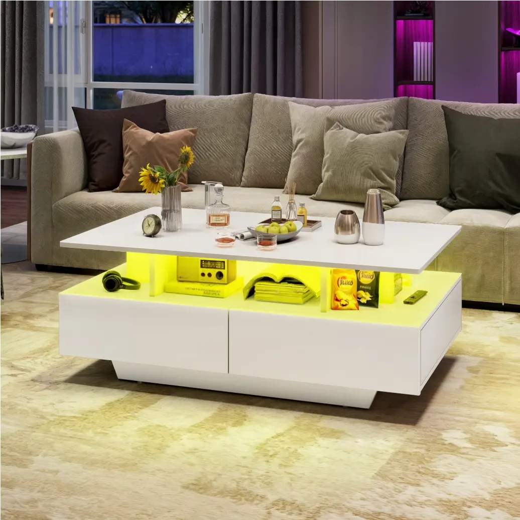 LED Coffee Table, Modern Center Tables with Storage for Living Room, White