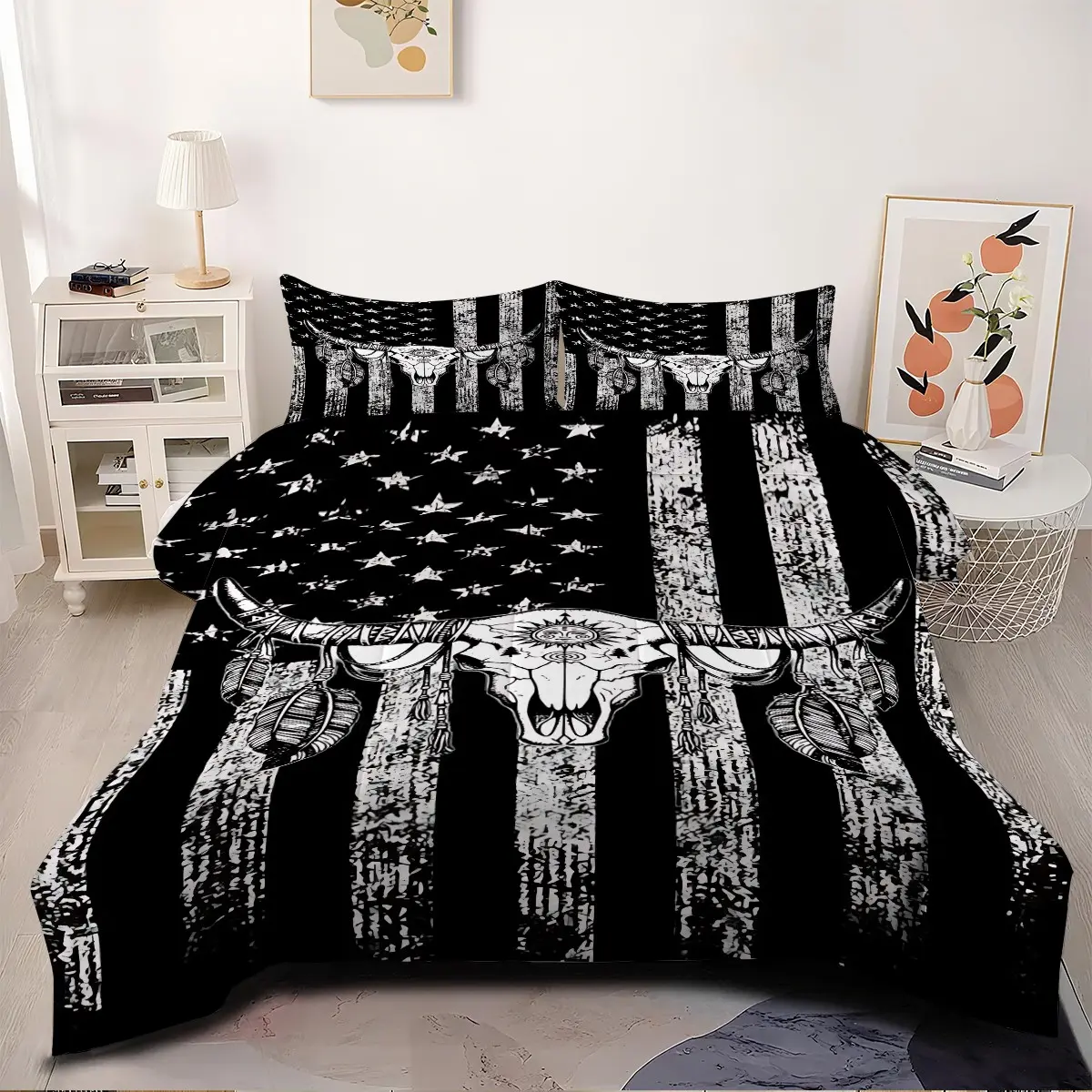 Rustic Cowboy Longhorn Skull Comforter Set, Longhorn Motif, Comfortable Western Bedding Set, Breathable & Gentle on Skin, Ideal for Guest Bedroom, Boys Room, Hunting Lodge, Trendy Wild West‑Style Room Styling