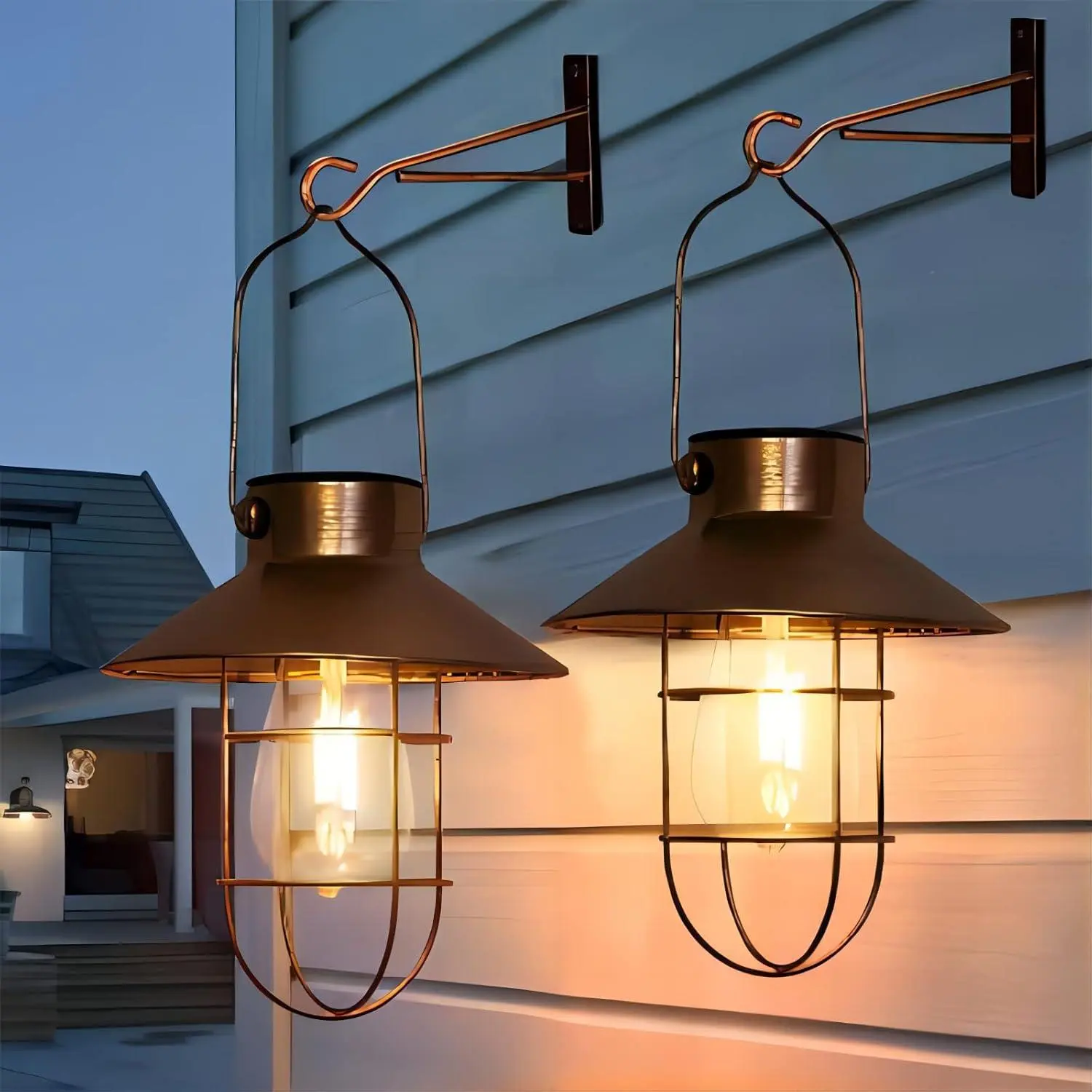 Solar Hanging Lanterns Outdoor 2 Pack, Vintage Copper Farmhouse Wall Lanterns with Warm Edison LED, Waterproof Solar Lights for Porch Patio Fence Garden