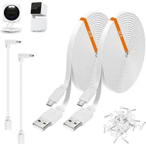2 Pack 30ft Power Extension Cable Compatible with Wyze Cam,  - 9m Long Flat USB to Micro USB Charging Cord with L-Shaped Adapter, White