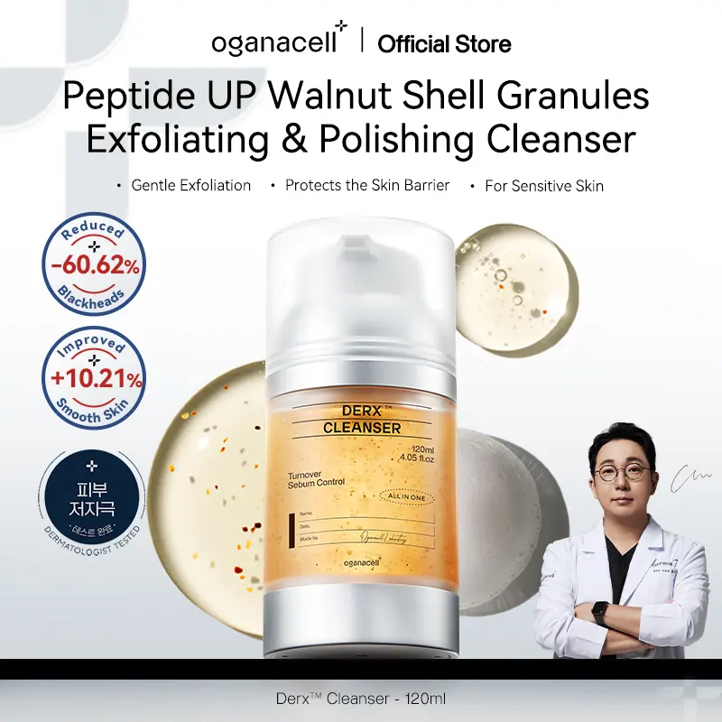 Oganacell DERX Cleanser, 4.05 fl oz Korean Exfoliating Wash with Walnut Flakes & Amino Acids, Gentle Daily Vegan Cruelty-Free Gel for Oily Acne-Prone Skin - Smooth Facial Cleansing