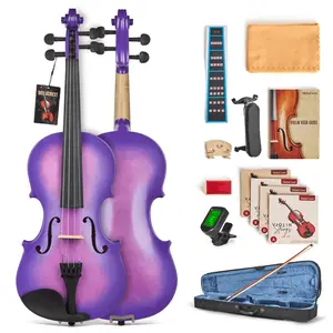 MeloCrest Prism Series 4/4 Solid Wood Violin – Colorful Finish, Ebony Fittings, Student Full-Size Violin Starter Kit with Tuner, Shoulder Rest & Extra Strings (Purple)