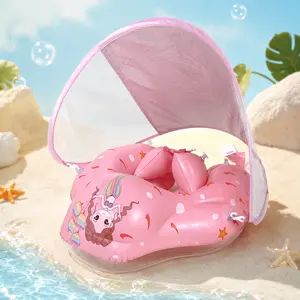 Inflatable Baby Pool Float with Removable Canopy, Cute Dinosaur Toddler Swimming Ring with Safety Handles and Smooth Seat, Portable Water Float Toy for Infants and Toddlers