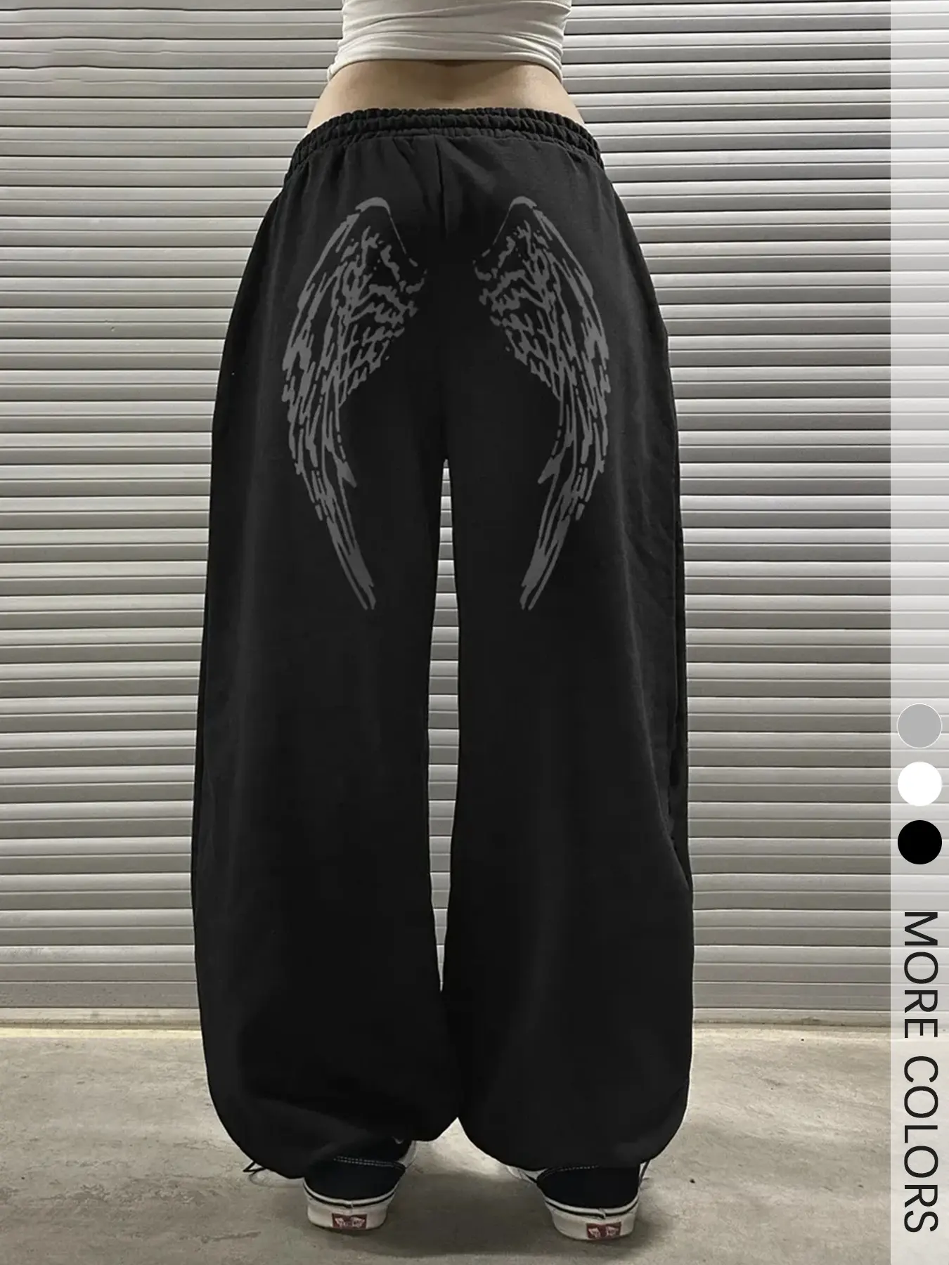 Women's Angel Wings Sweatpants, Black Casual Chic Bottoms with Back Print for Streetwear, Casual Outing and Trendy Daily Fashion, Casual Streetwear Trousers, Casual Comfy Pants