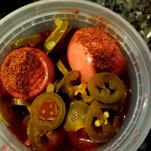 Egg Spicy Pickled Bowl with 5 Homemade Pickled Eggs Pickles Jalapeños Banana Peppers & Spices No Sausage No Meat Veggie Egg Bowl - Food