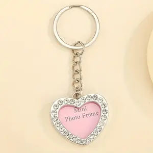 Heart Rhinestone Mini Photo Frame Silver Keychain Gift