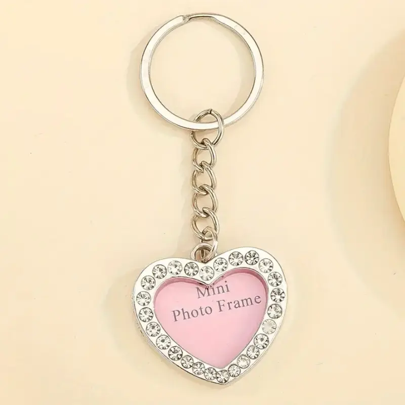 Heart Rhinestone Mini Photo Frame Silver Keychain Gift