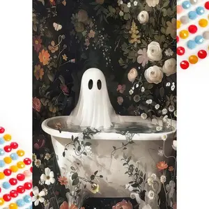 5D DIY Full Drill Round Diamond Art Painting Kit, Creative Engaging Ghost Bathtub Mosaic, Canvas Art, Home Wall Decor, Perfect Gift for Birthday, Anniversary, Halloween