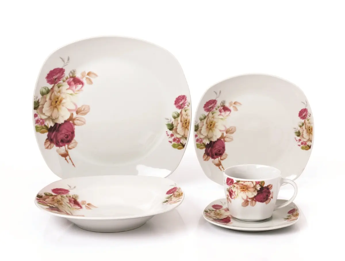 212 MAIN Elegant and Stylish Square Porcelain Dinnerware Set - LH427 20-Piece Kit, Service for 4, 6oz Coffee Cups, Bowls, Plates, Floral Print, Dishwasher-Safe Kitchenware