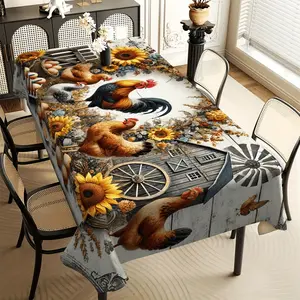 1 piece of farm pattern tablecloth with rooster, hen, sunflower pattern design - durable and washable - easy to clean design perfect for picnics, camping, weddings, birthdays, restaurants, and buffet dinners, Picnic Table Cover