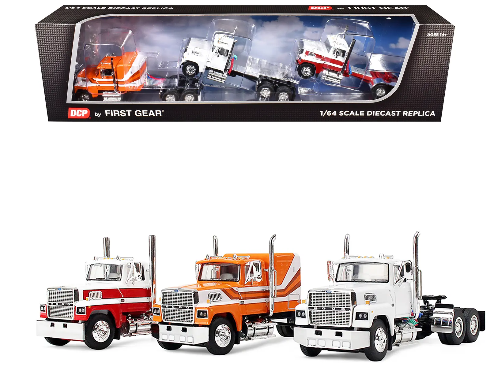 Ford LTL 9000 Trio Set (Two Day Cabs and One 60" Flat Top Sleeper) 1/64 Die Cast Models by DCP/First Gear