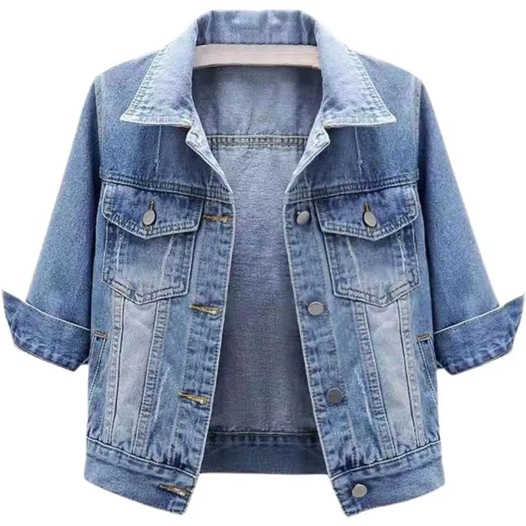Women's Plain Ripped Cropped Denim Trucker Jacket - Classic Collar, 3/4 Sleeves, Lightweight Streetwear for Layering Coats, Denim Jacket, Layering Outfits, Rips, Minimalist, Alternative Style, Tops, Basic, Casual, Lady, Western Ootd, Rock Style, Regular