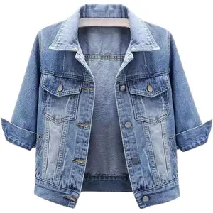Women's 3/4 Sleeve Soft Denim Cropped Jean Jacket - Basic Colored, Light Wash Short Trucker Top, Dark Blue Denim Option, Minimalist Fitted Casual Streetwear Coats Outerwear