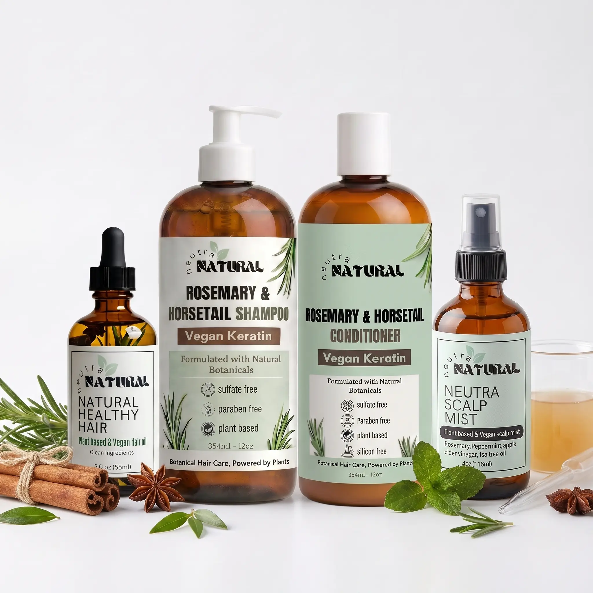 Neutra Natural Herbal Botanical Hair Growth & Anti-Dandruff Kit, Single Item - Infused Herb Shampoo, Conditioner, Dandruff Tonic, Apple Cider Vinegar Mint Hair Oil