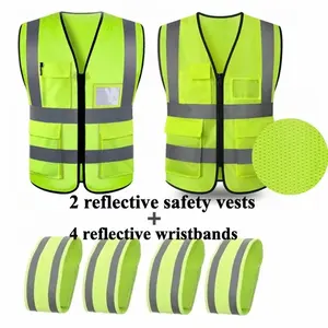 [6-Pack Set] High Visibility Reflective Safety Vest with Pockets & Zipper | 2 Reflective Vests + 4 Wristbands | Breathable Mesh Construction Vest for Traffic, Night Running & Cycling