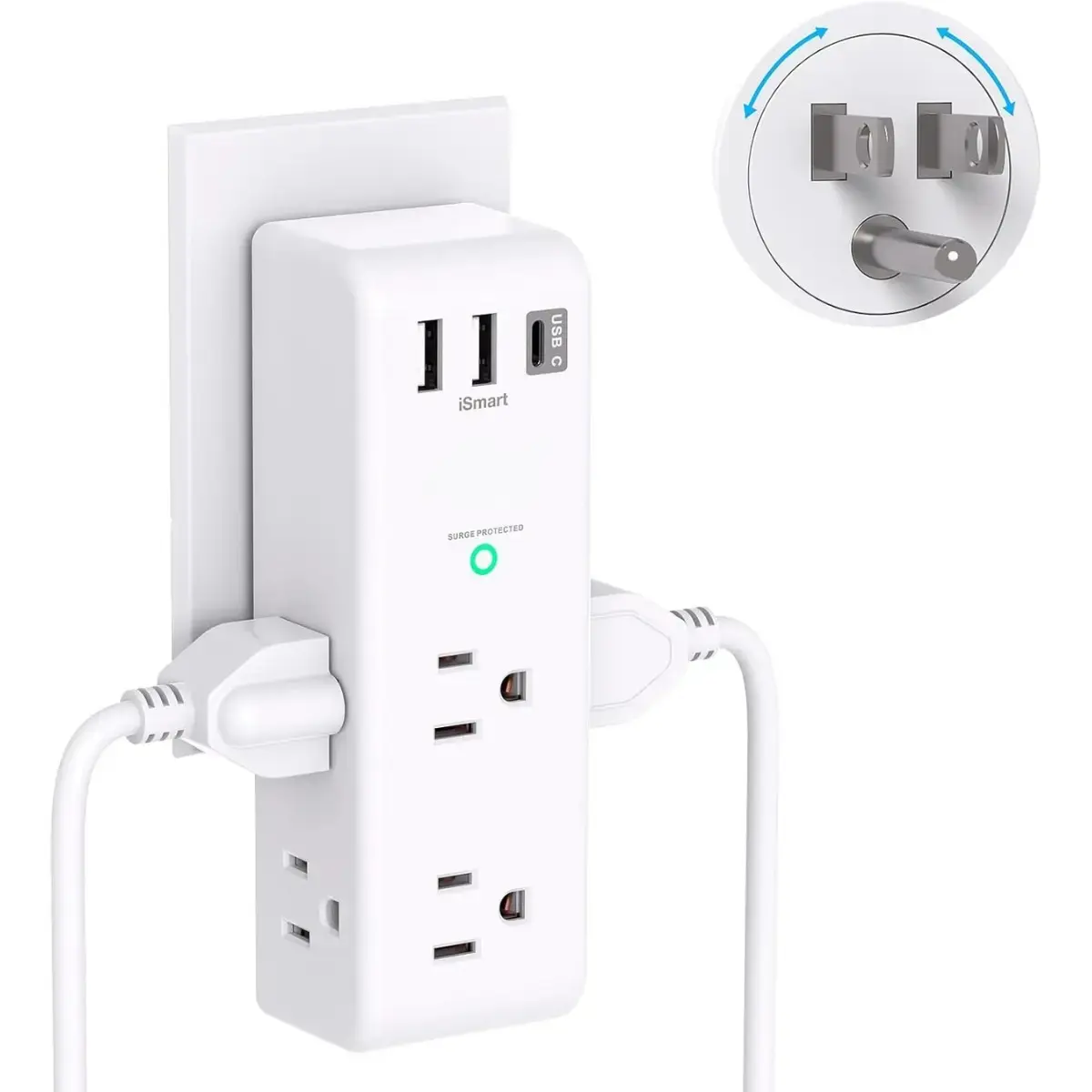Surge Protector Outlet Extender with Rotating Plug - 6 AC Multi Plug Outlet with 3 USB Ports (1 USB C), 1800J Wall Charger, 3-Sided Power Strip Spaced Outlet Splitter for Home Office Travel