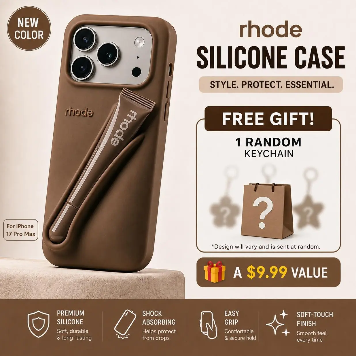 RHODE Beauty On The Go Phone Case for iPhone 11 12 13 14 15 16 17 Pro Max, Soft Silicone Protective Cover with Built In Lip Gloss Holder and Shockproof Design