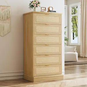 6-Drawer Tall Dresser with Woven Rattan Front – Boho Style Wood Chest of Drawers for Bedroom, Natural Finish Storage Organizer Cabinet