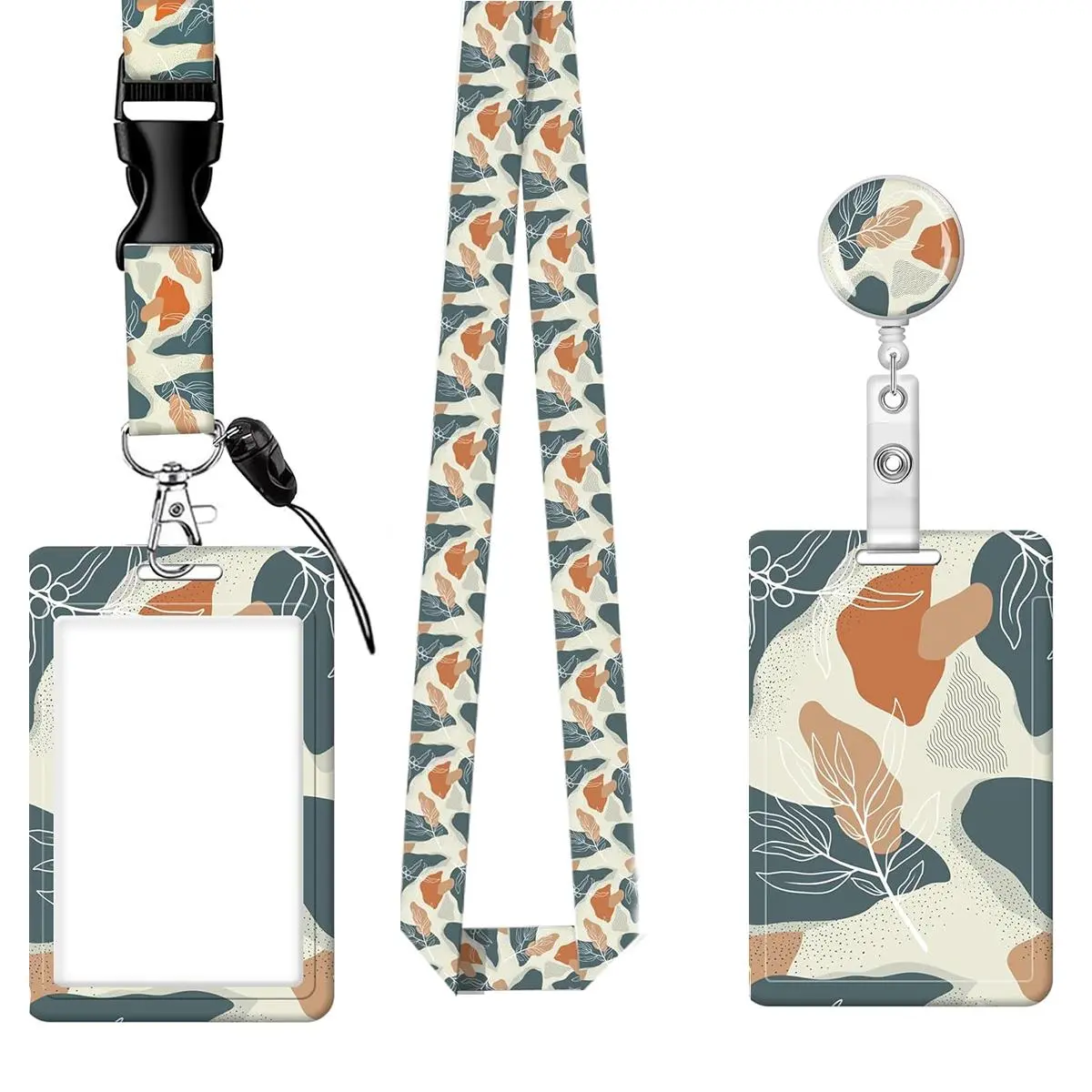 Leaf Pattern ID Badge Holder Set, Including Lanyard & Badge Holder & Keychain & Nurse Badge Reel, Id Holders For Badges, Identification Badges Supplies for Teacher Student Nurse Worker Medical Badge Reel, Id Badge Holder With Lanyard, Nursing Badge Reel