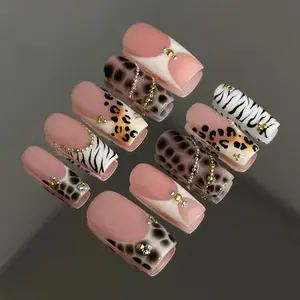 Leopard Zebra Press On Nails, Nude Animal Print Nails, Y2K French Tip Nail Set, Gold Charm Glam Nails