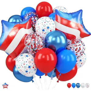 Red Blue White Balloons, 12 Inch Star Printed Red White and Blue Metallic Confetti with American Flag Star Foil Balloons for 4th of July Decorations Independence Day Patriotic Anniversary