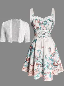 Boho Lace Top Dress Set, Vintage Print Aesthetic Dress, Ethnic Style, Elegant Vacation Vibe, Lace Trimmed Neckline, Fashionable Boho Bohemian Look, Elegance, Summer