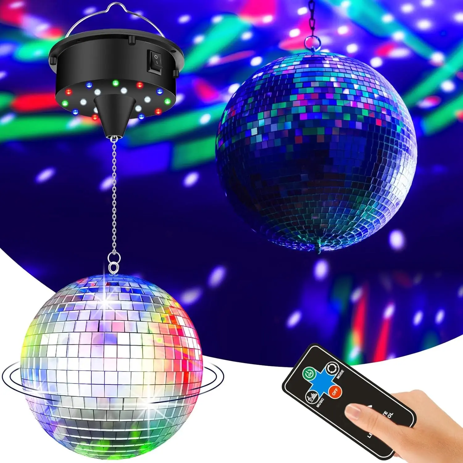 Motorized Color Changing Disco Ball Light - 10 RPM, 18 LED Beads, 4 Colors, Lightweight Glass Tiles, Battery-Powered & Plug-In Powering, Sound Sync, Power Cable, Ideal for Pubs/Proms/70s Theme Parties (Batteries Not Included)