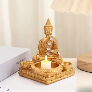 1 elegant golden Buddha statue incense burner candlestick with diamond decoration - lotus pattern resin material, square base, perfect for Zen home decoration, living room and entrance decoration, Zen home decoration, living room accessories