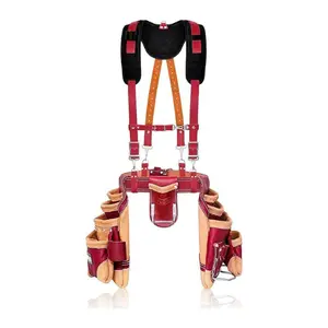 FUERI 16 Pocket Leather Tool Belt with Suspenders,Comes with Padded Belt, Big Pouches, Hammer Holder,Suspender loops and Leather Suspender, Ideal for Construction Workers, Carpenters and Electrician.