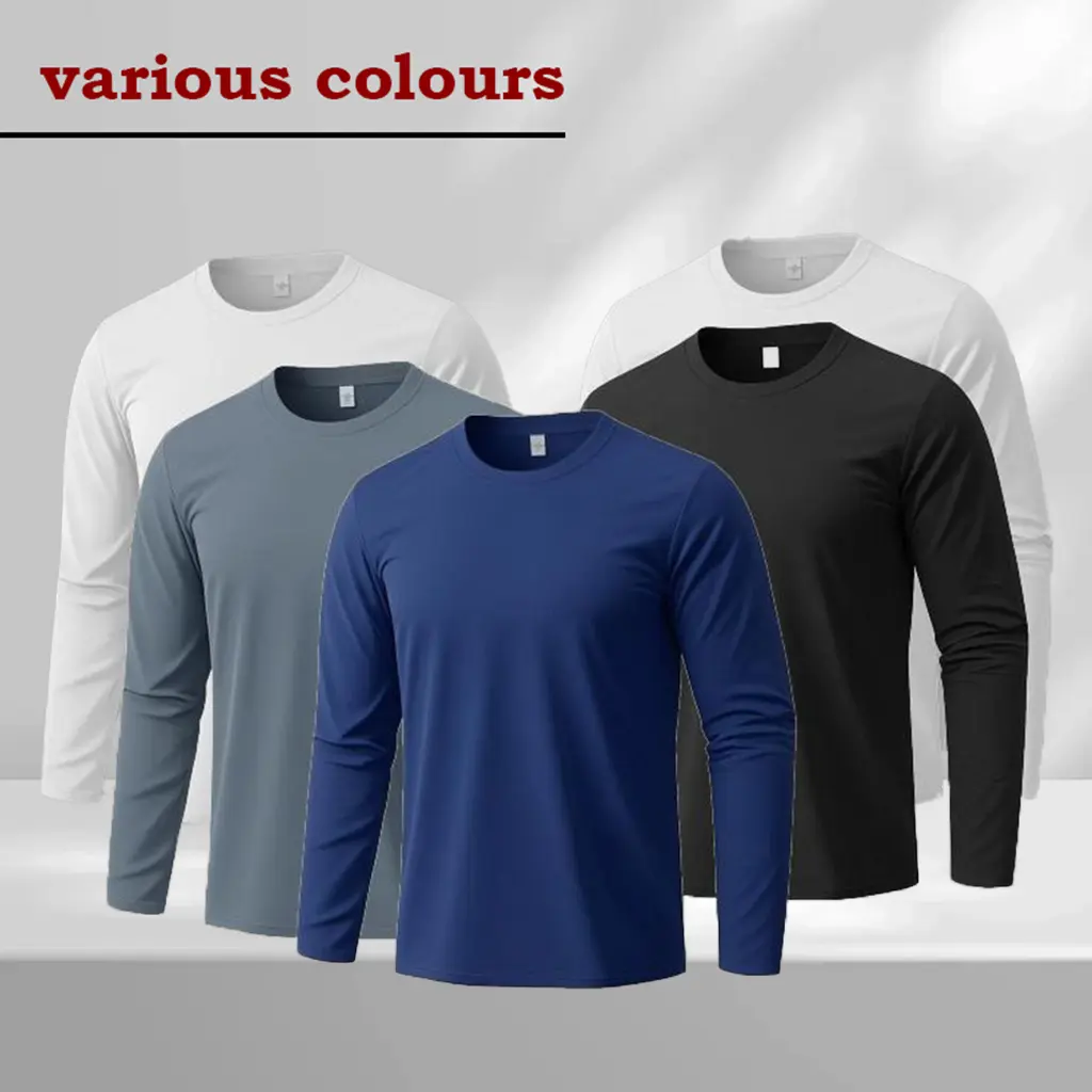 Men’s 5-Pack Classic Stretchy Plain Solid Polyester Crewneck Long-Sleeve Undershirts Set - Wrinkle-Resistant, Casual Basic Menswear Tops with Comfortable Fabric