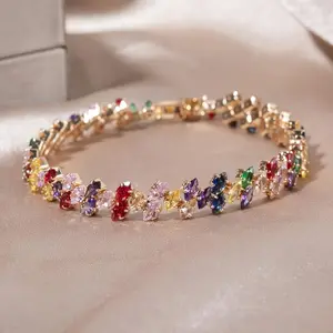 1pc Boho Elegant Copper Bracelet with Multicolor Glass Gemstones, Women'S Chain Link Watch Band, Versatile Jewelry for Daily Wear and Parties, All-Season AccessoryGift