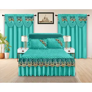 5 Pieces Set Bedroom with Turquoise Bedspread Curtains and Decorative Lamps - Includes Bedding and Accessories