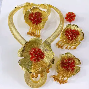 Elegant Gold-Tone Flower Necklace Set with Red Beads and Matching Earrings for Special Occasions