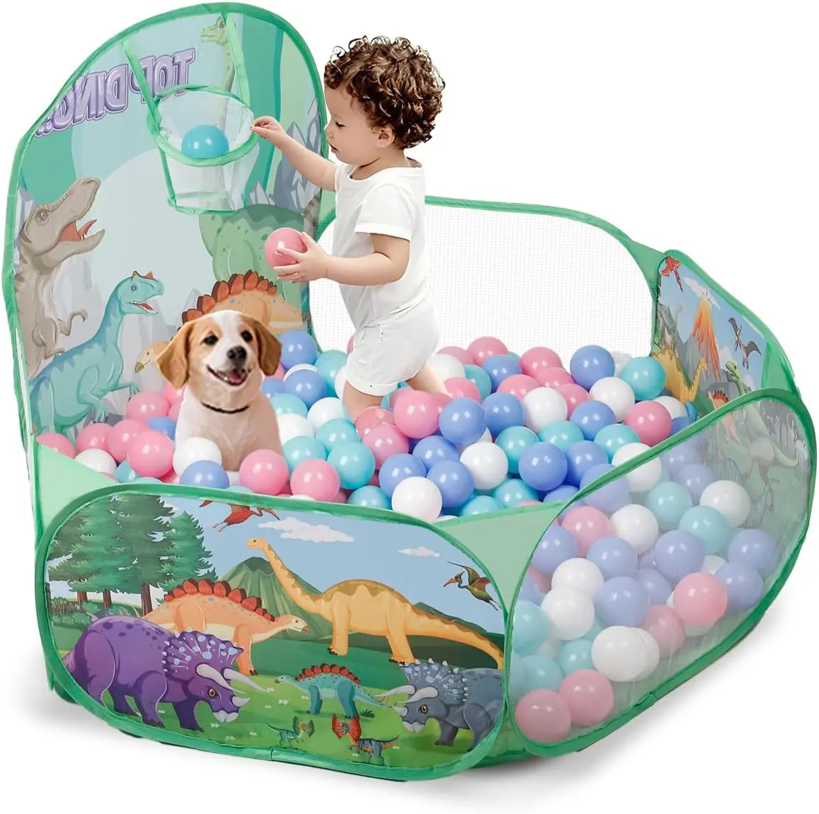 Ball Pool with Basketball Hoop for Kids,Dinosaur Print,playtent for Toddlers, Foldable Pop-Up Baby Ball Pit, Ideal for Boys and Girls Indoor and Outdoor Play, Diameter 47.24 Inches/120 Centimeters Wide Playhouse Tent (Balls Not Included)