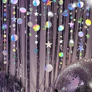 Iridescent Party Glitter Star Circle Dot Hanging Garland Streamer Bunting Banner Twinkle Backdrop Decor for Engagement Wedding Baby Shower Birthday Xmas